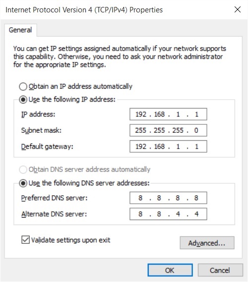 Assigning static IP address for Ethernet adapter